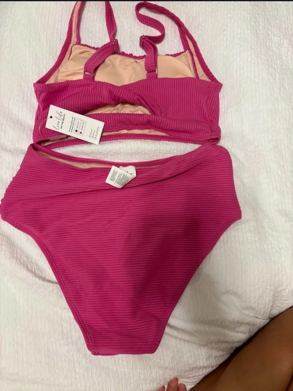 Cupshe Ribbed Two-Piece High-Waist Bikini - Hot Pink